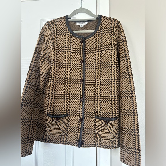 Pendleton 100% Merino Wool Leather Trim Plaid Cardigan Sweater Top - Picture 3 of 8